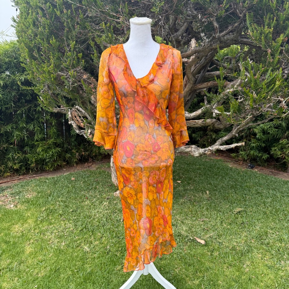 Hartnell Silk Dress Orange Floral Sheer Ruffle Midi Women Size S Boho 3/4 Sleeve